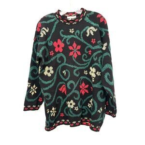 Vintage Dana Scott Christmas Sweater Sparkly Floral Black Red Green Size Small